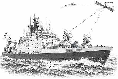 ИЛЛЮСТРАЦИЯ: морской терминал с двумя стабилизированными параболическими антеннами на палубе судна