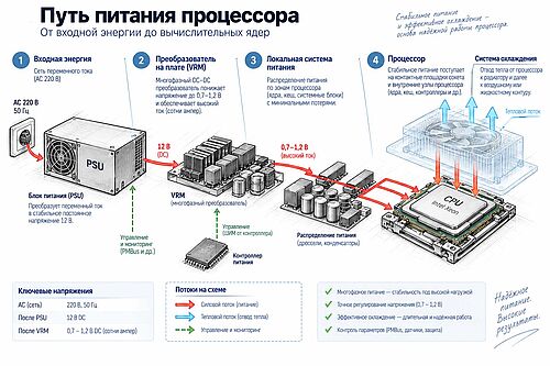 ИЛЛЮСТРАЦИЯ: путь питания «входная энергия → преобразователь → локальная система питания → процессор»