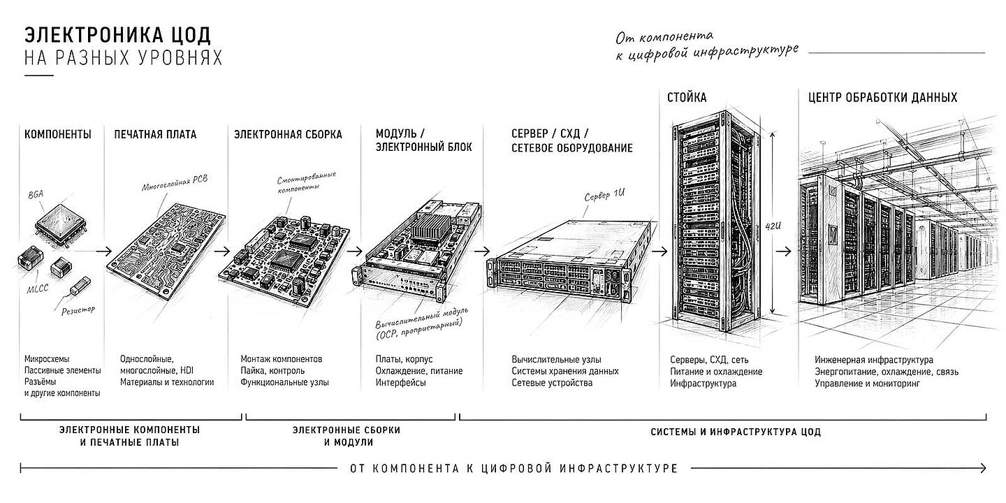 ИНФОГРАФИКА: «Электроника ЦОД на разных уровнях» — компонент → печатная плата → электронная сборка → модуль / электронный блок → сервер / СХД / сетевое оборудование → стойка → ЦОД