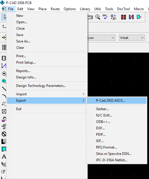 Скриншот P-CAD — Выбрать пункт меню File → Export → P-CAD ASCII