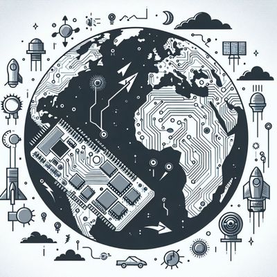 Земля, спутники, электроника для космоса; изображение сгенерировано нейросетью